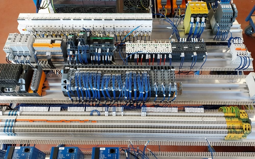 Armoire électrique en cours de câblage dans un local professionnel